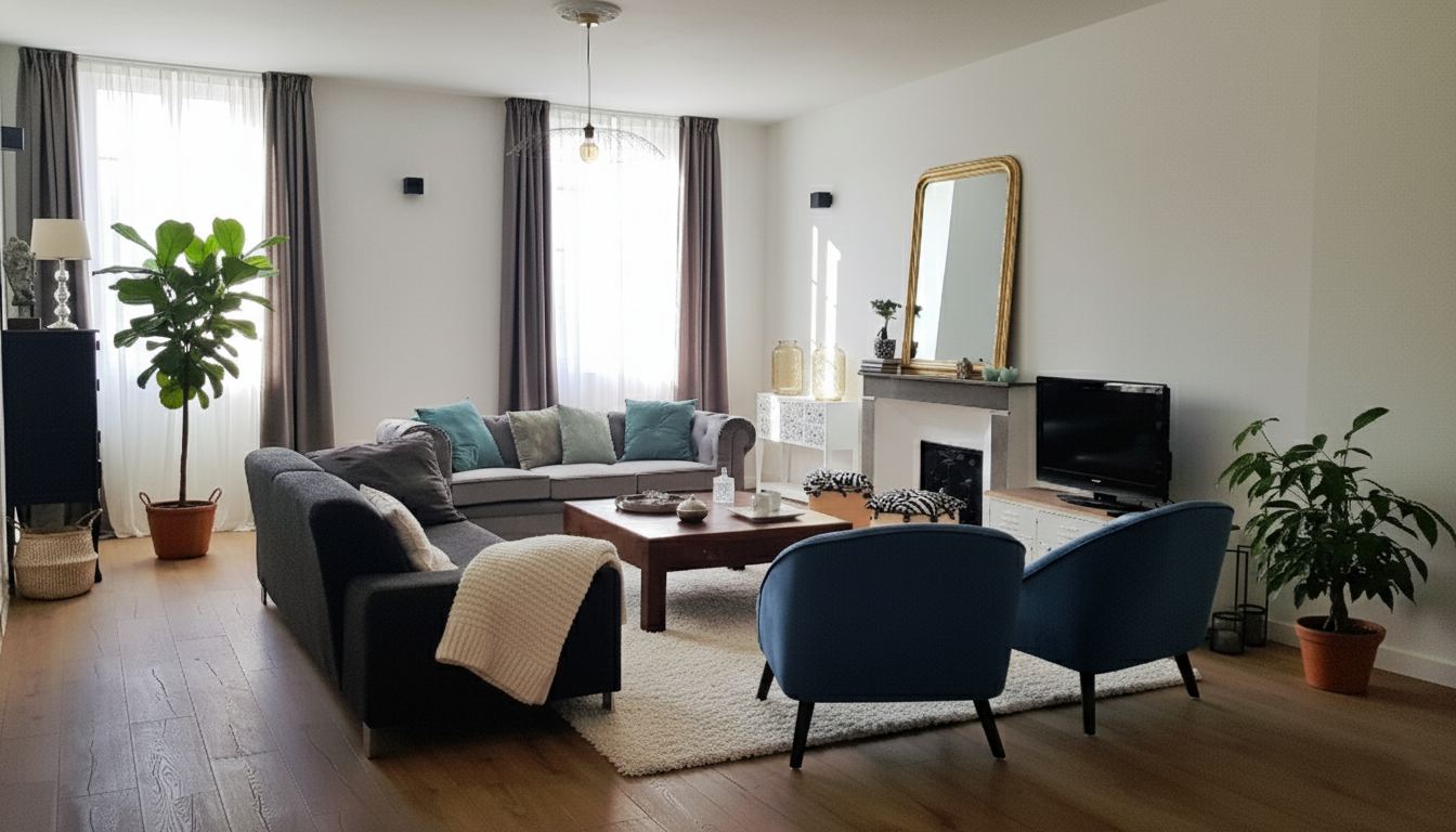 Rénovation d’un appartement à Alès, salon lumineux et chaleureux avec parquet bois et mobilier contemporain